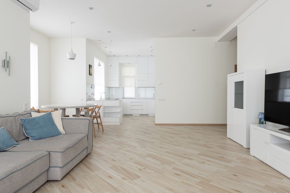 Comfortable couch with cushions against wall with TV set placed in spacious apartment near table and kitchen interior with white cabinets