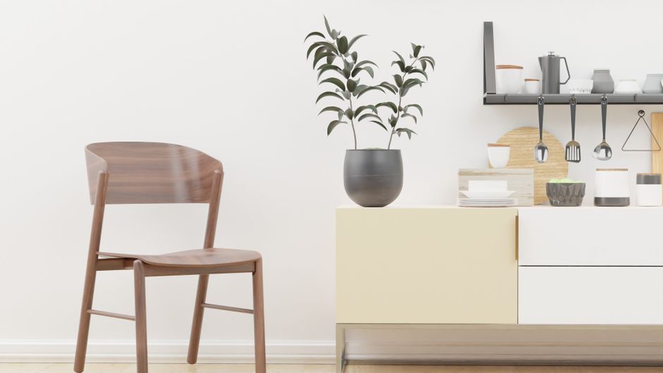 Sleek minimalist kitchen corner featuring a wooden chair and potted plant on a smooth countertop.
